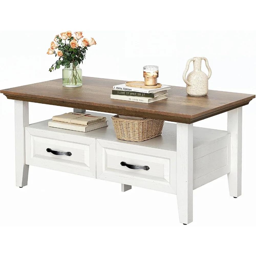 Farmhouse Coffee Table with Storage, 39.4 Wood Coffee Table for Living Room, Rustic Center Table with 2 Drawers, Open Di
