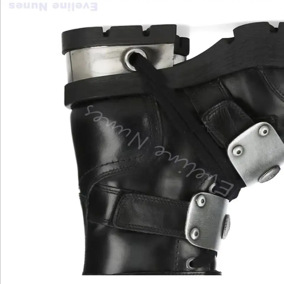 Cyberpunk Metal Plates Combat Boots Women Rivet Buckle Straps Platform Boots Gothic Industrial Punk Mid Calf Motorcycle Boots