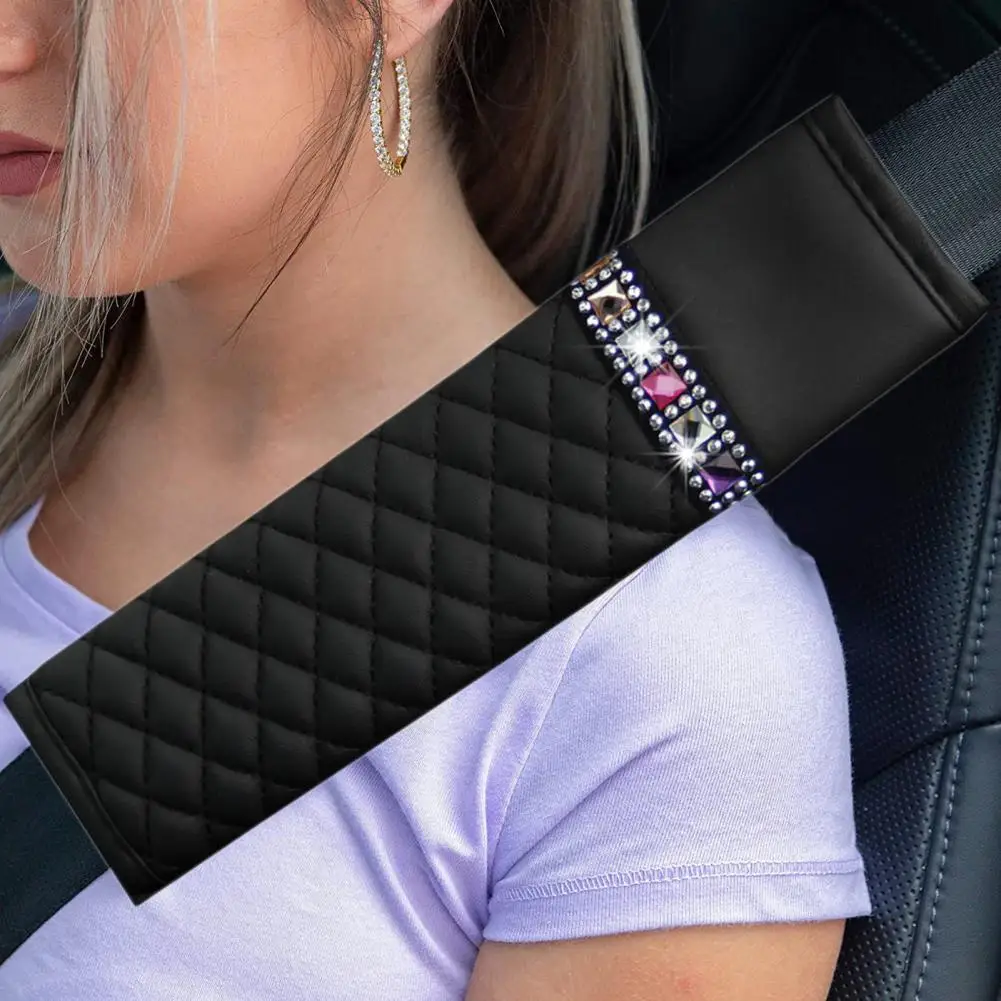 Seat Belt Shoulder Pads Sparkling Rhinestone Auto Seat Belt Cover Stylish Faux Leather Shoulder Pad for Comfortable Breathable