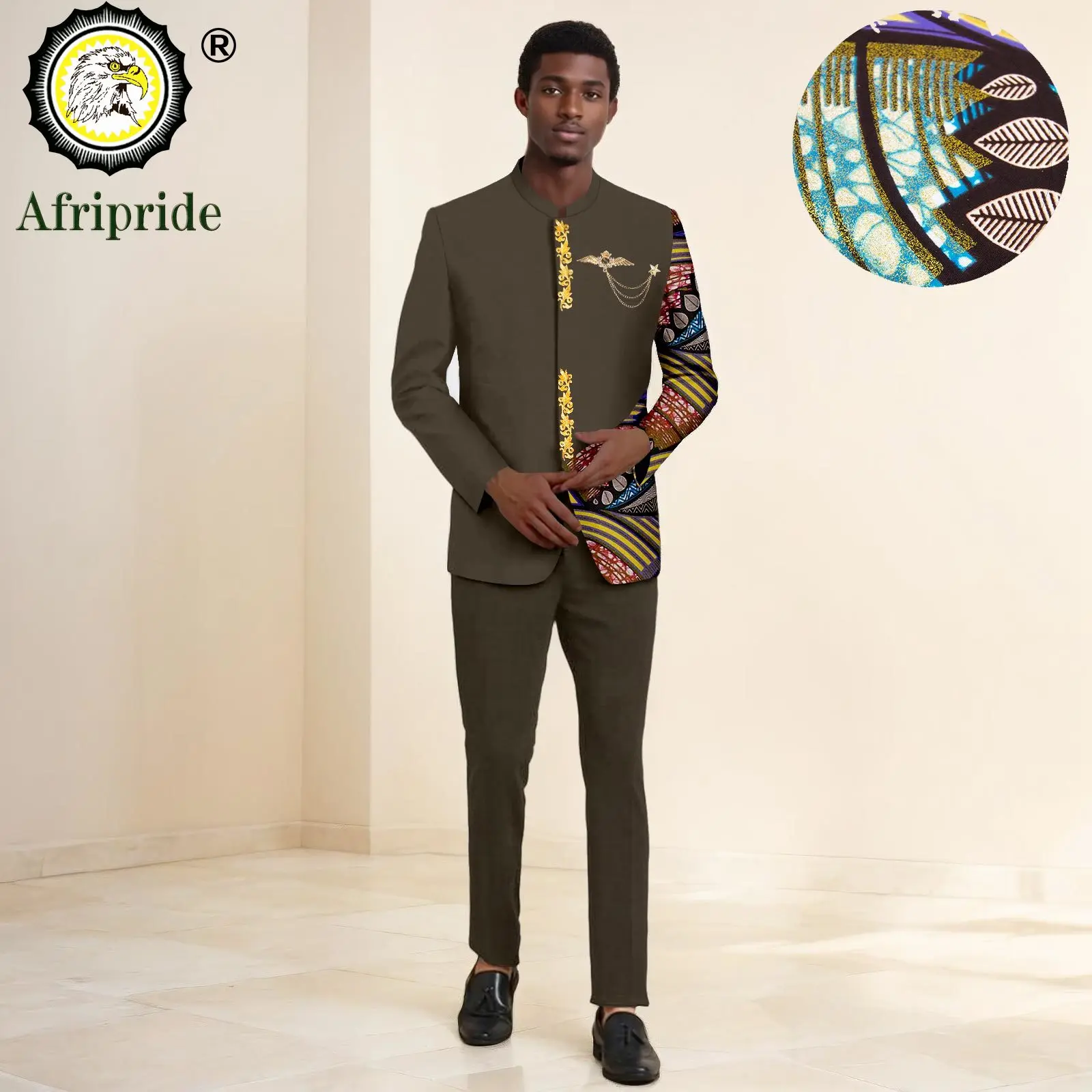 Men`s Suit Slim Fit Brooch Embroidery Blazer and Pants 2 Piece Set Print Outfits African Clothes for Wedding Evening 2516004