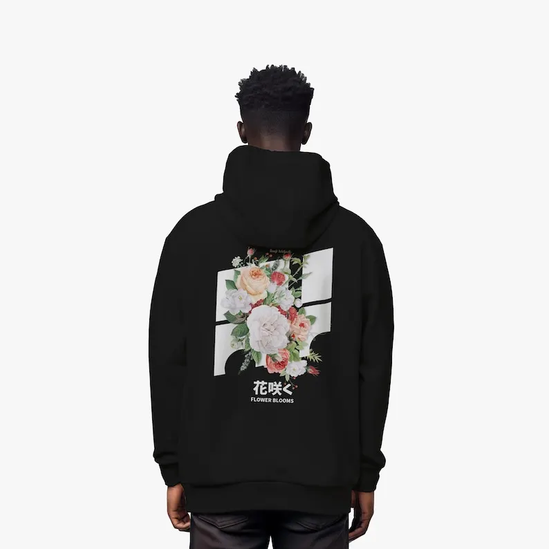 

Japanese Techwear Hoodie with Flower Graphics - Black Japan Streetwear