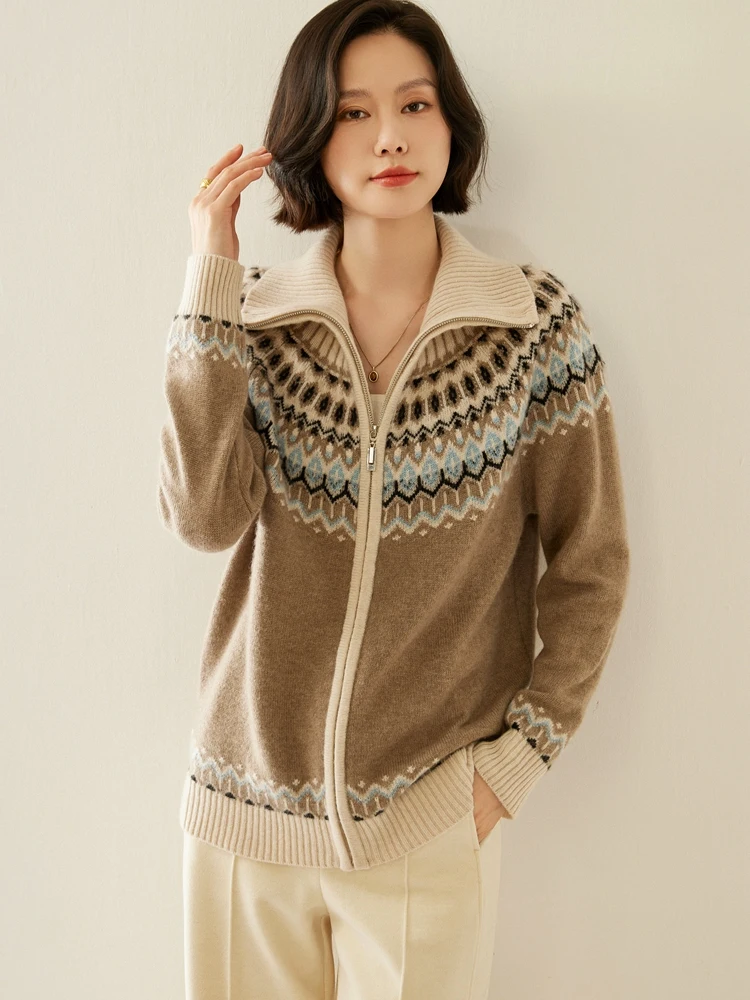 New Chic Fair Isle Jacquard Cardigan Women's Turn-Down Collar 100% Cashmere Sweater  Autumn Winter Luxury Zipper Cashmere Tops