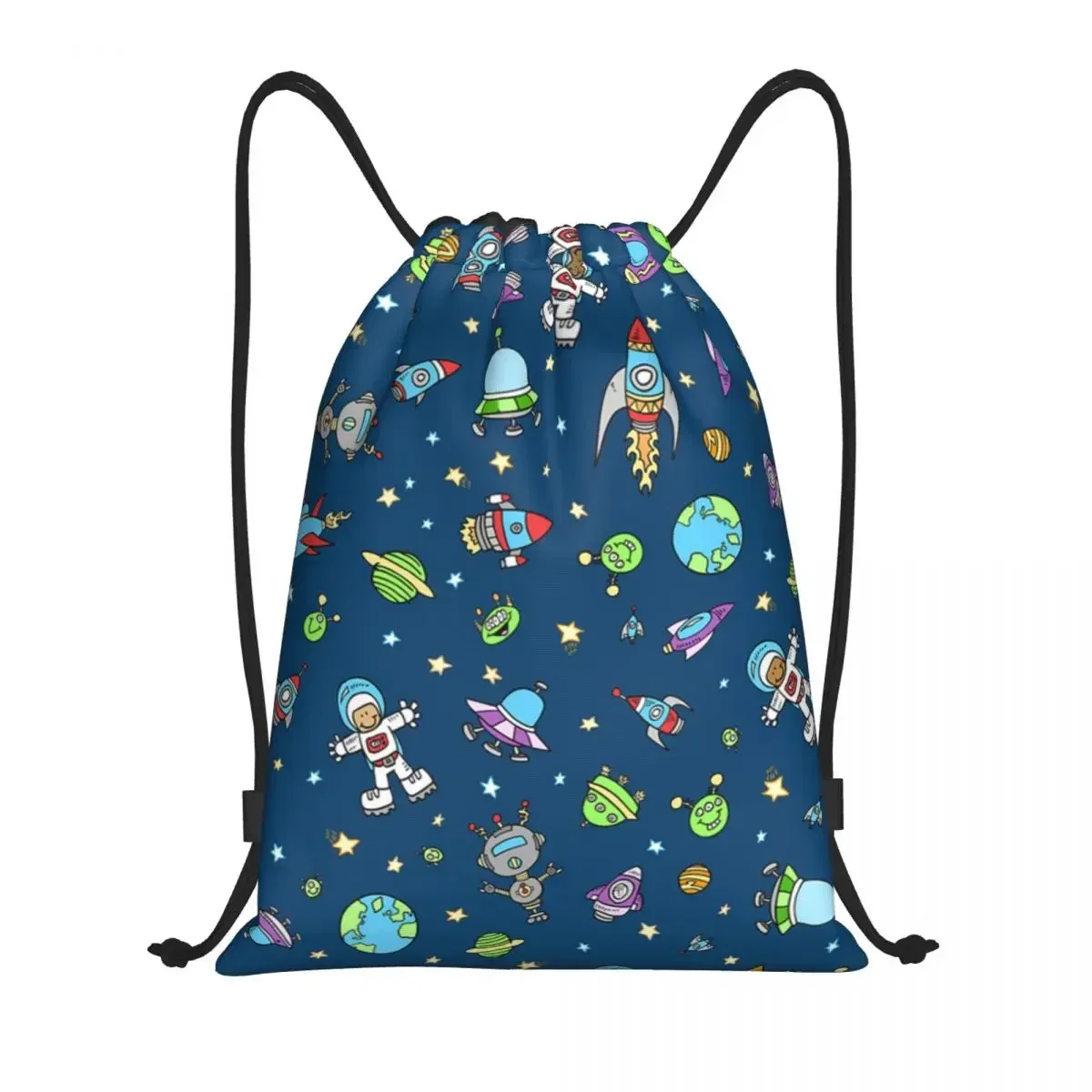 Outer Space Doodle Drawstring Backpack Women Men Gym Sport Sackpack Foldable Universe Astronaut Spaceship Training Bag Sack