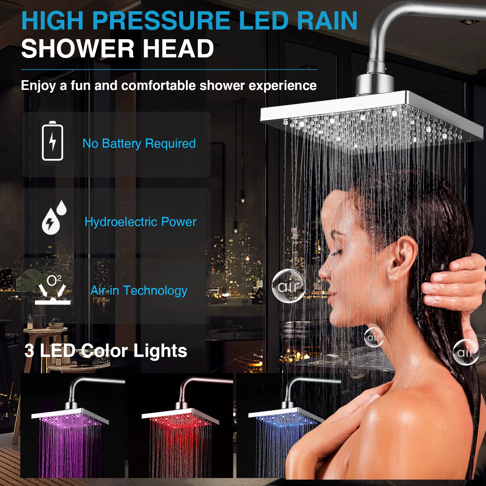 

8-дюймовая светодиодная насадка для тропического душа, 3 регулировки температуры, поворотная насадка высокого давления с квадратным светом, самоочищающаяся силиконовая насадка