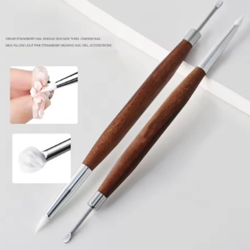 1Pcs Double Headed Sandalwood Nail Pens Silicone Carving Pens Embossing Painting Pens Stainless Take Glue pens Nail Special Tool