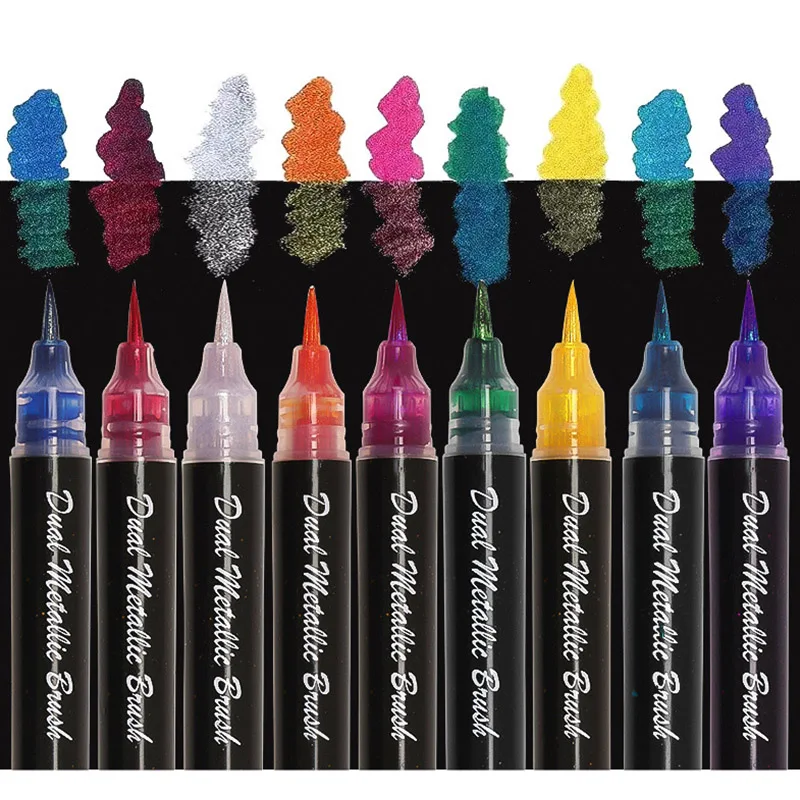 9Colors Metallic Markers Pens Dual Bling Shiny Brush Pen Press Type for Paper Glass Rock Painting DIY Scrapbook Album stationery image 2