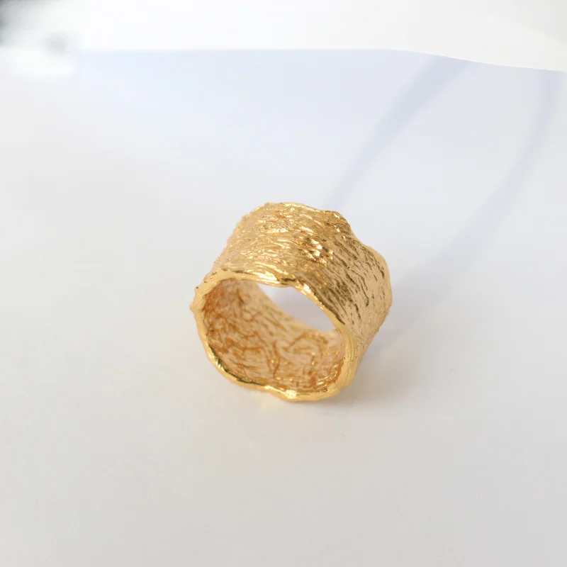 Litheline 24K Gold Plated Brass Molten Texture band Ring, Wide Design Lead-Nickel-Sensitive Unisex Jewelry view 2