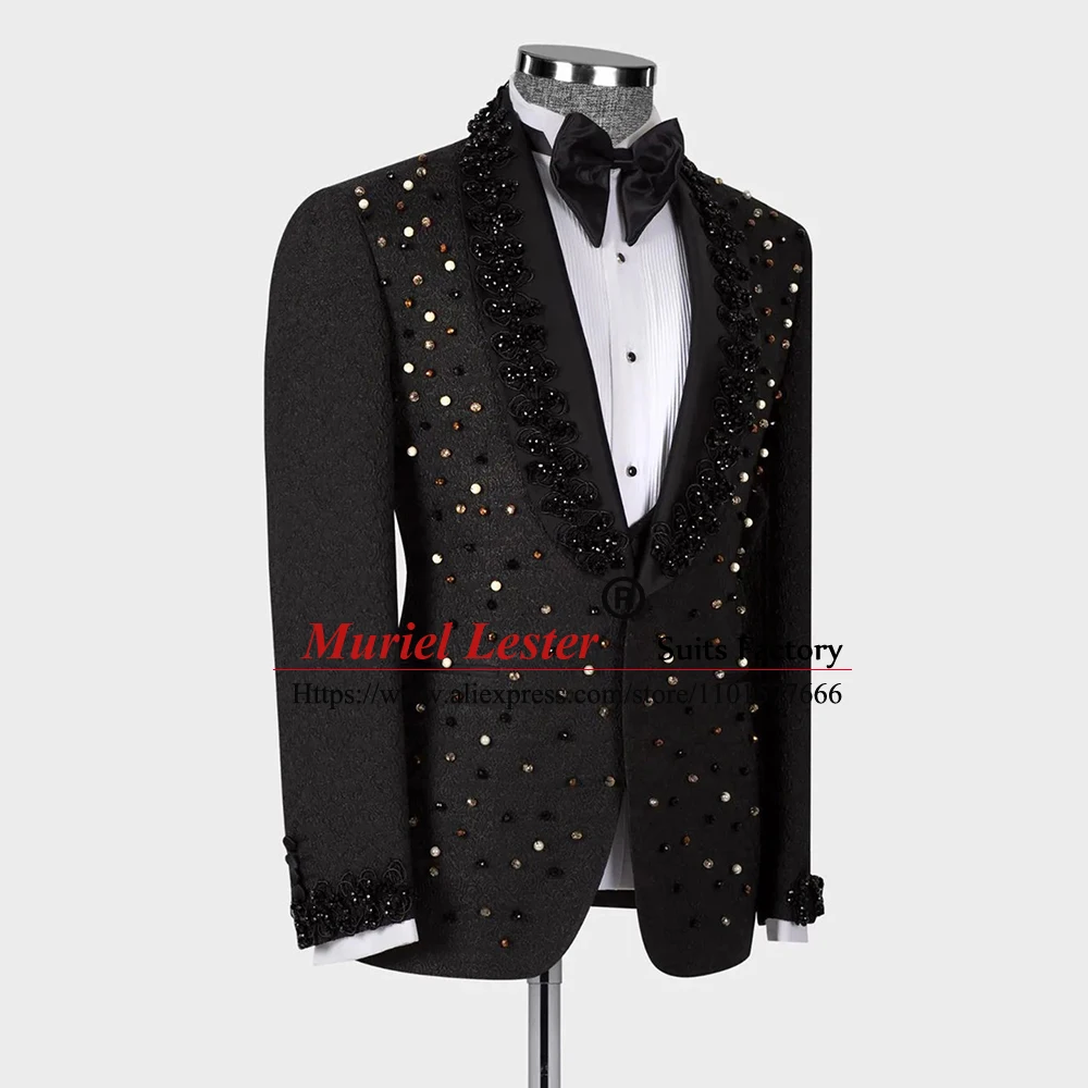 Luxury Wedding Tuxedo Black Formal Groom Men Suits Slim Fit Crystals Beaded Peaked Laple Blazer Tailored Made Prom Dress 2023