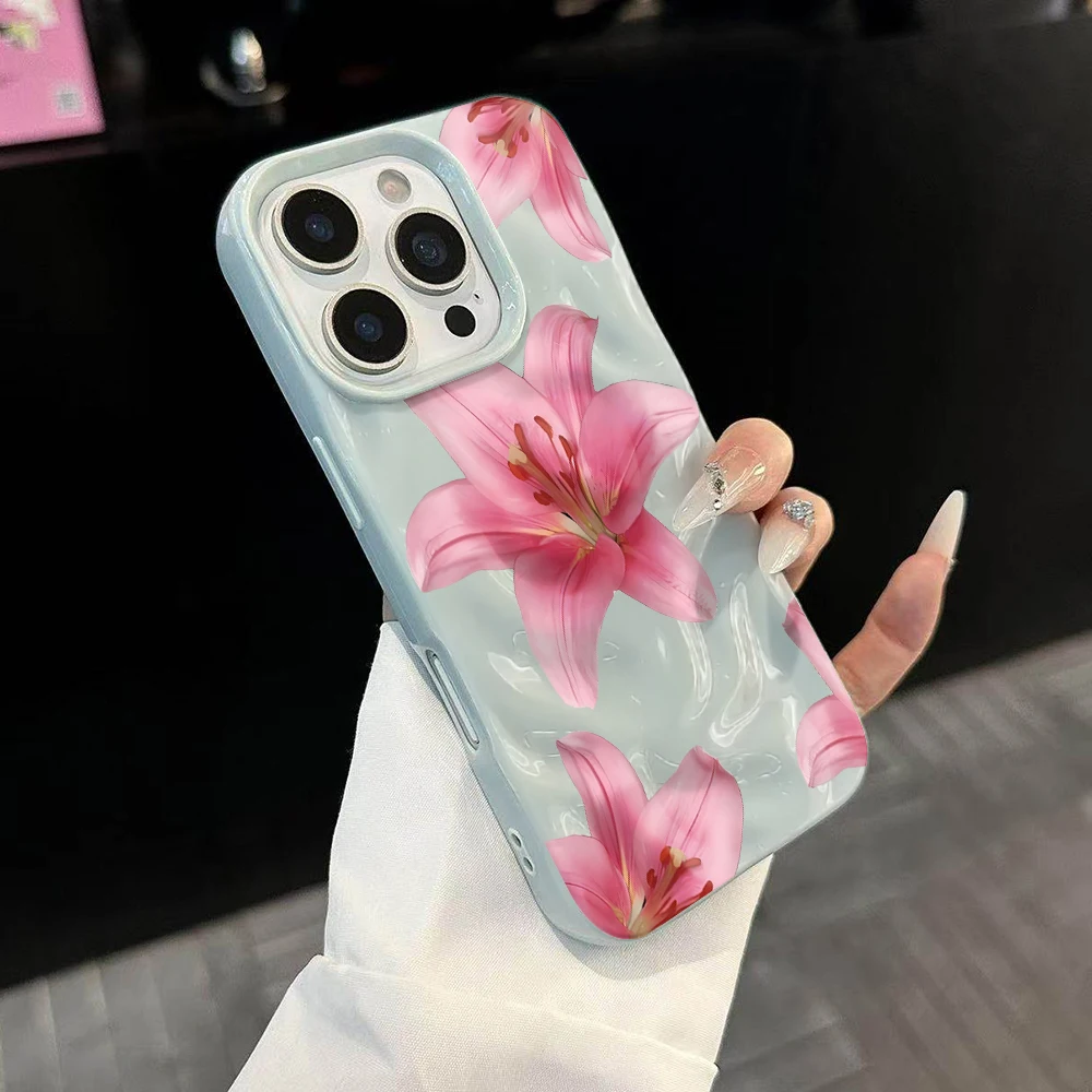 Luxuriöse Romantische Lilien-Blumen-Handyhülle für iPhone 17 16 15 14 13 12 11 Pro Max 14 Plus 17 Air Falten-Wellen Weiche Silikonhülle – Detail 2
