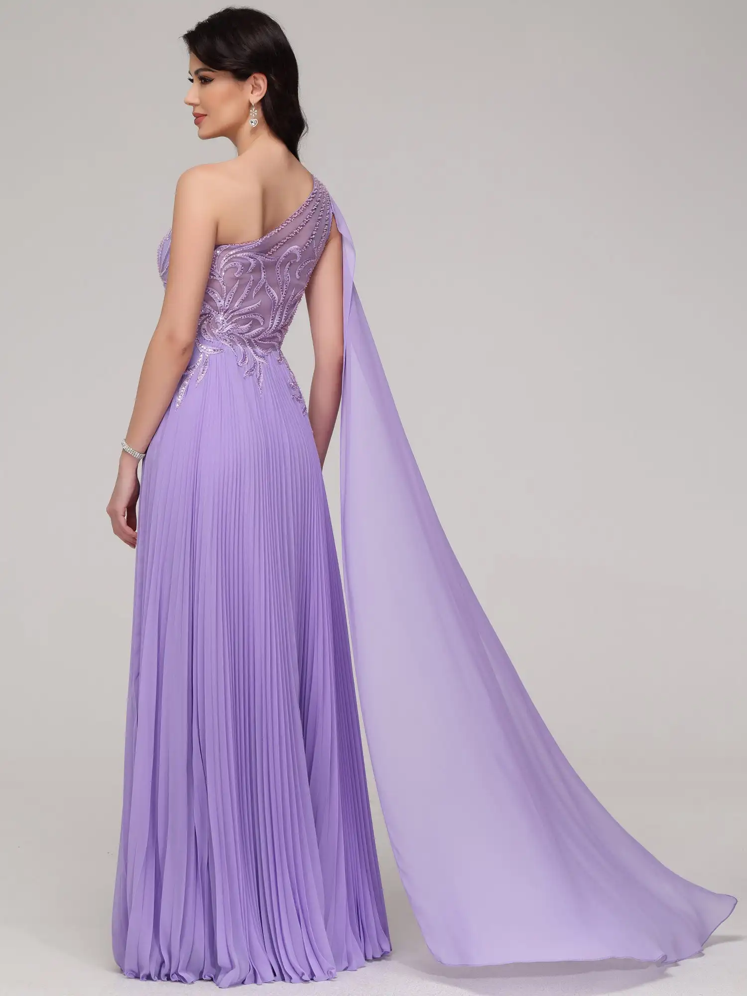 Een Schouder Chiffon Prom Dress Kanten Flowy Lovertjes Geappliqueerde Lange Avondjurk Kralen En Ruches Een Lijn Formele Jurken Voor Vrouwen