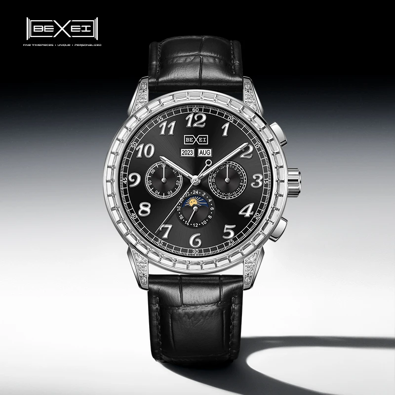 BEXEI 9190 Year Month Date Day 24H display mechanical Automatic Movement 38 Zircon Bezel Man watch sapphire  Business style