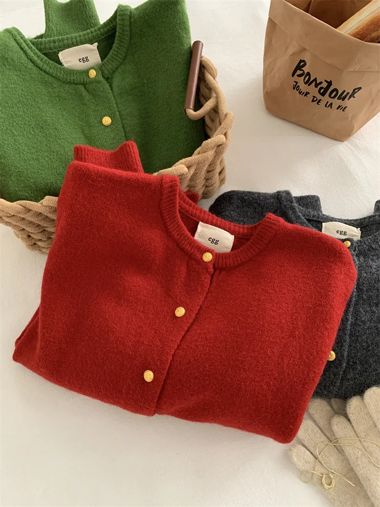 Gold Button Round Neck Knitted Sweater For Women\'s 2024 Autumn/winter New Base Knit Cardigan