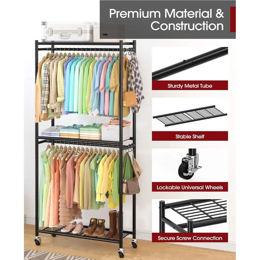 Rak Pakaian Logam Multi-Fungsi dengan Rak & Roda, 33x12.2x79.5, Lemari Kokoh untuk Kamar Tidur, Ruang Cuci, Balkon - Hitam