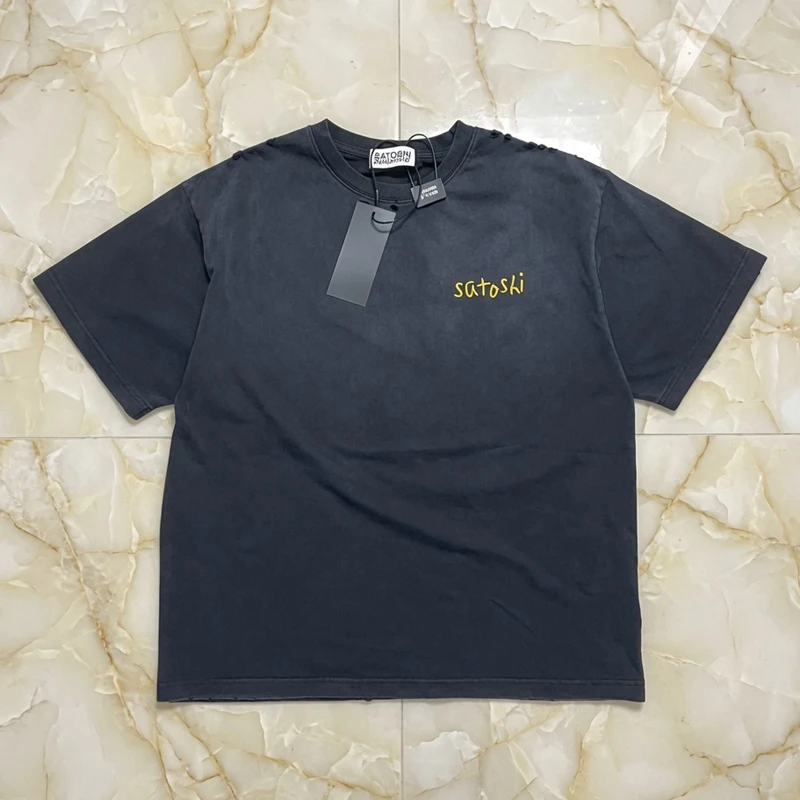 Vintage Washed Black Embroidered Logo Print Tee Men Women Casual Piercing Short Sleeves Stock Satoshi Nakamoto T-shirt