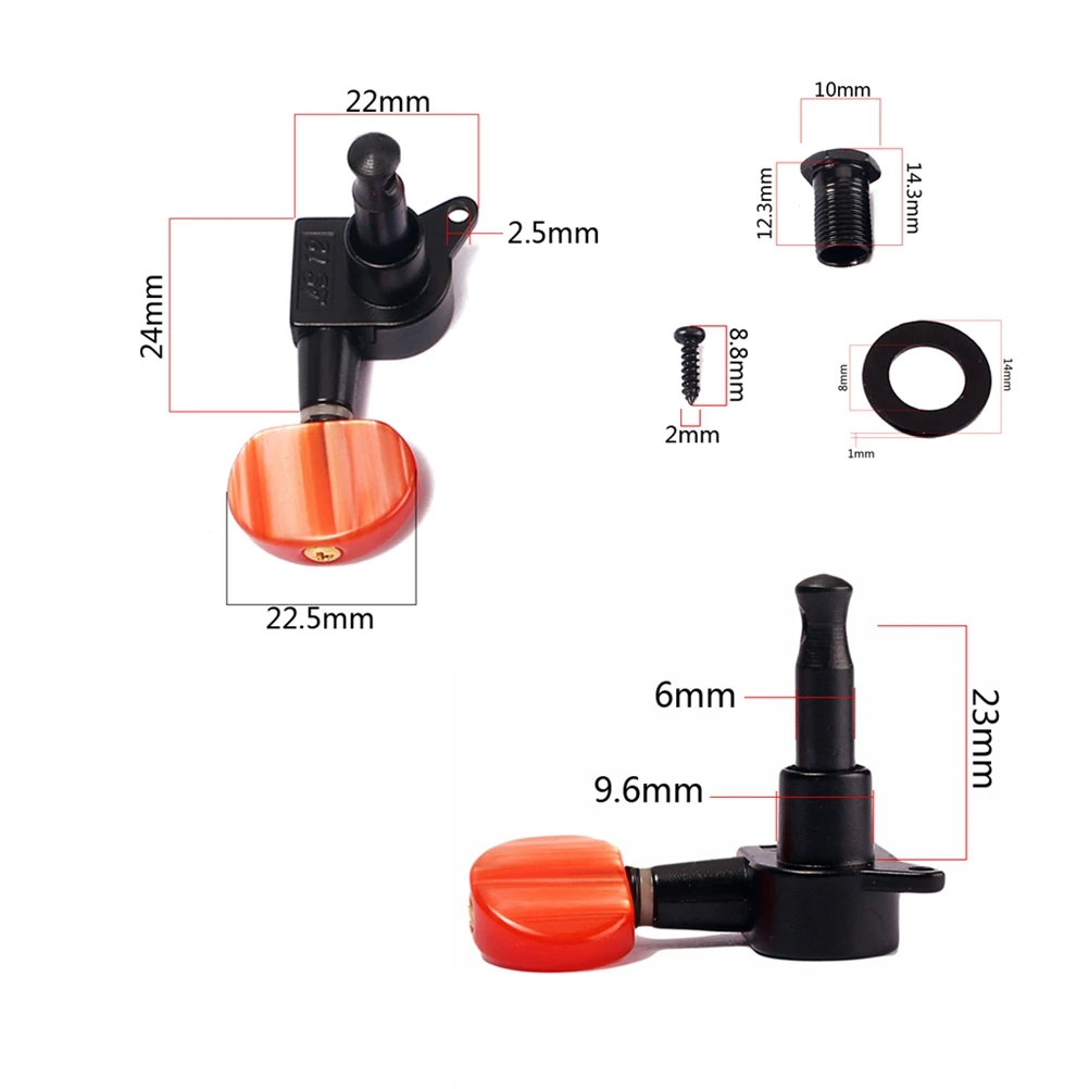 

6 PCS Gold Plated Guitar Tuning Pegs Sealed Machine Heads Black Red Buttons Strong Metal Oval 3L Ferrules Bushings Screws