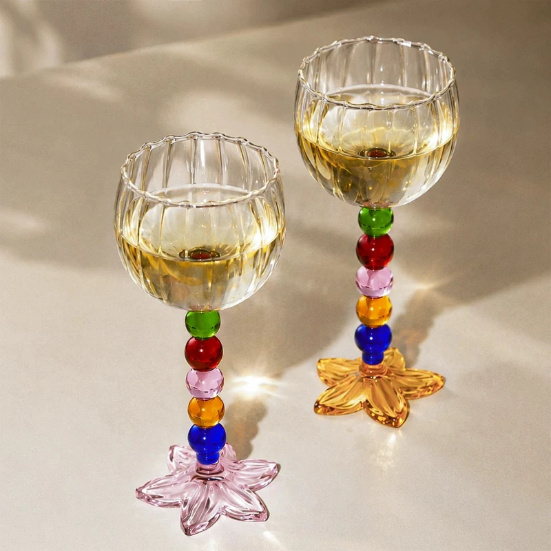 Creative Colored Bead Decorated Glass Goblet,flower Shaped Red Wine Glass, Home Dining Table Decoration, Banquet Decoration Gift