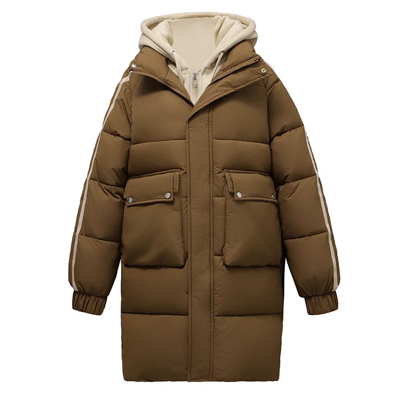 

Women's Winter Fake Two Piece Stes Color Blocked Elastic Cuffs Hooded Padded Coat For Female Long Lady's Drawstring Jacket