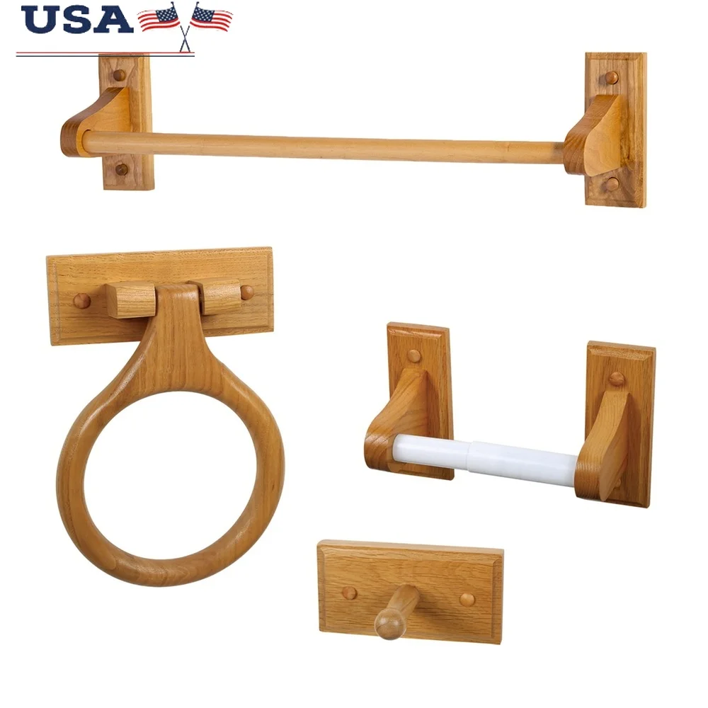 

Набор аксессуаров для ванной комнаты из 4 предметов, вешалка для полотенец, держатель для туалетной бумаги, крючок для халата, мед, дуб, массив дерева, простая установка