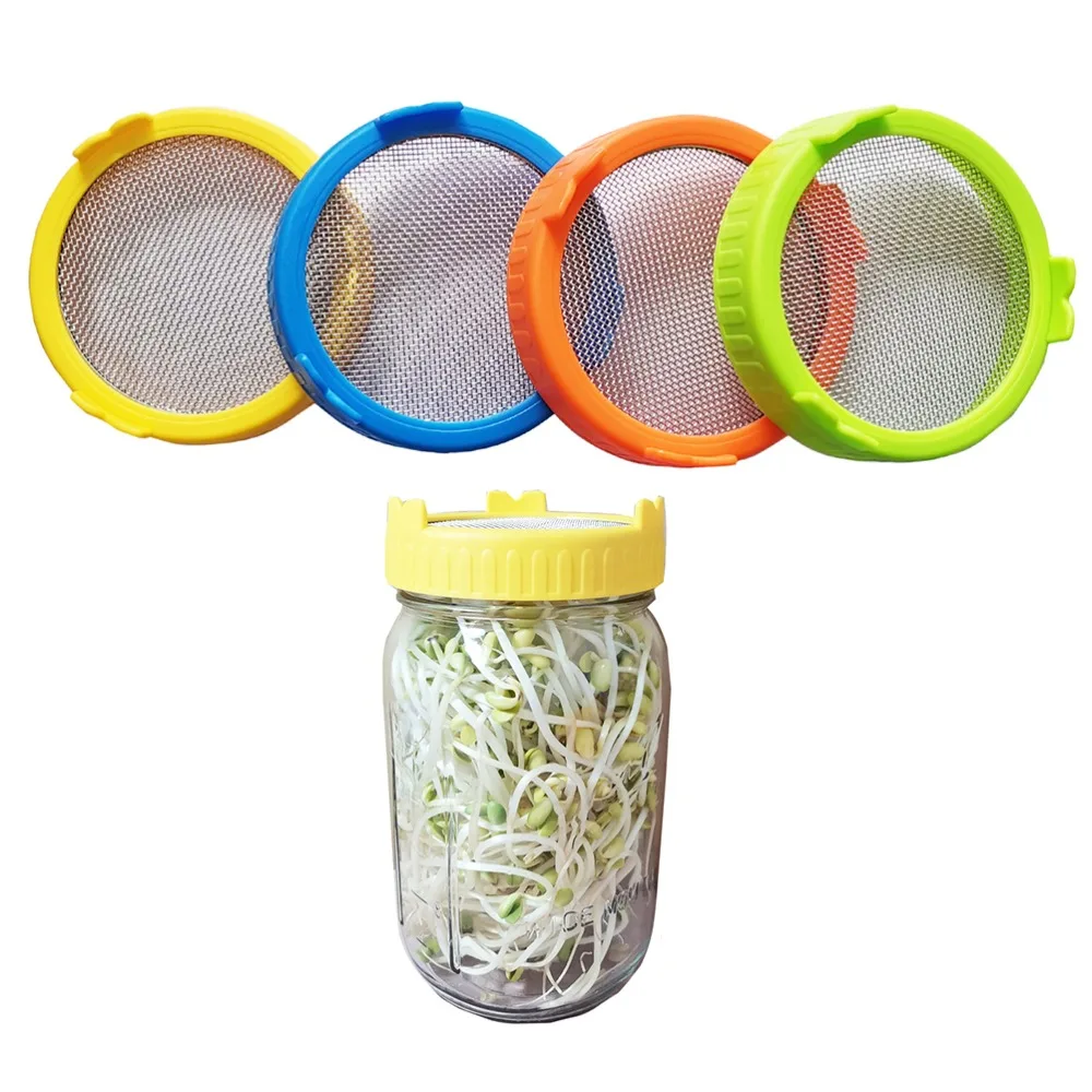 4pcs Plastic Ring Sprouting Lids Stainless Steel Screen 86mm Wide Mouth Mason Jar Lids Tight Seal Fine Hole Breathable