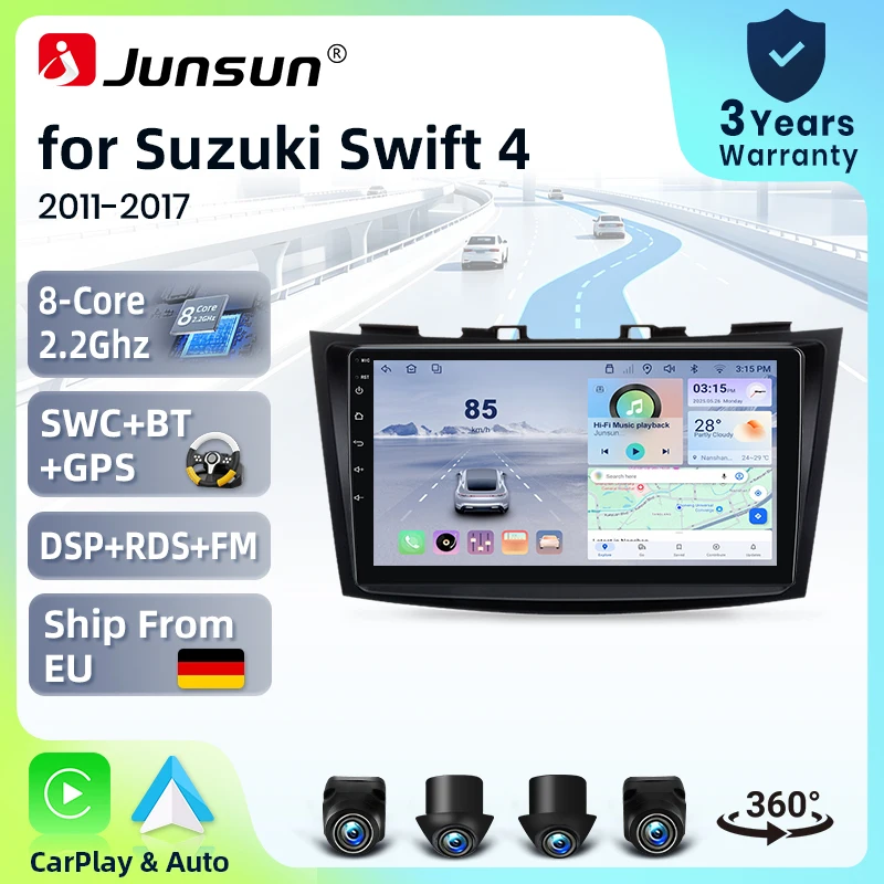 Systèmes stéréo intelligents Android 15 Junsun 9 pouces pour Suzuki Swift 4 2011-2017, autoradio avec CarPlay sans fil, commande vocale IA, écran tactile IPS, lecteur multimédia intelligent, unité principale 2 Din, GPS, Mirror Link, Bluetooth automobile, 4G, FM, AM, DSP, RDS, SWC, DAB+