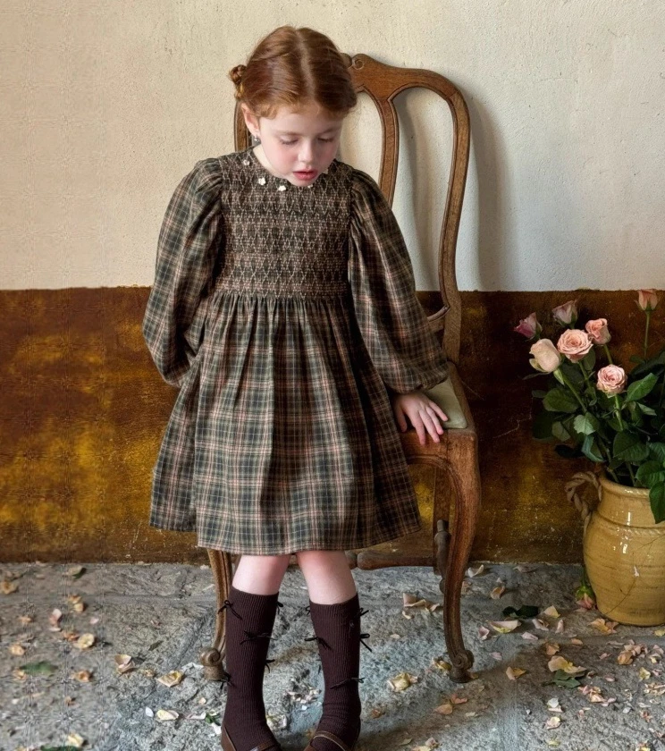 

2025 Autumn New Girls Green Plaid Flower Dress Girls Long Sleeve Pulling Dress Rural Style A-line Dress