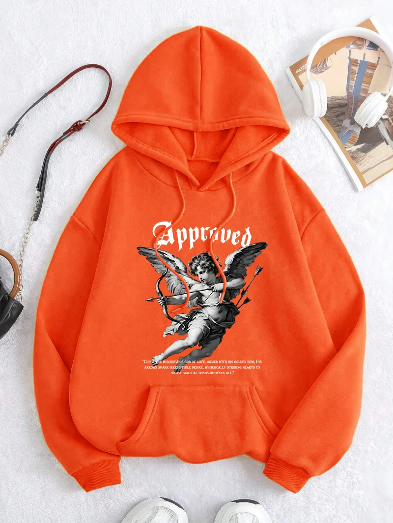 

Одобренная женская толстовка с рисунком ангела для стрельбы из лука, свободная уличная одежда Y2K, осенняя флисовая толстовка с капюшоном, универсальная разноцветная одежда