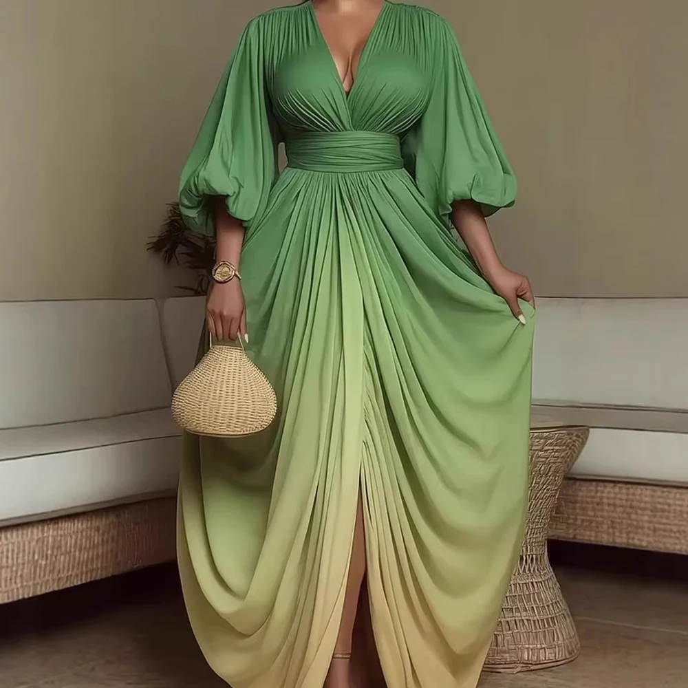 Gradient Evening Maxi Dress with Puff Sleeves