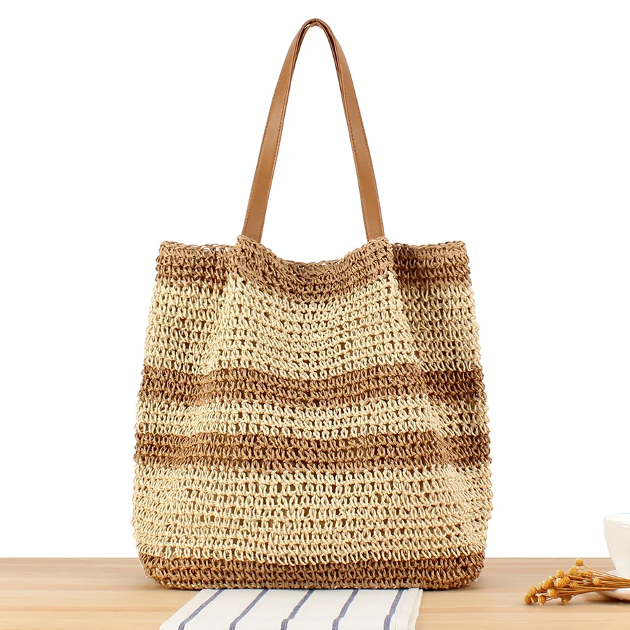 

Large-capacity woven straw shoulder bag for seaside vacations versatile striped splicing women's totes bag for daily leisure sac