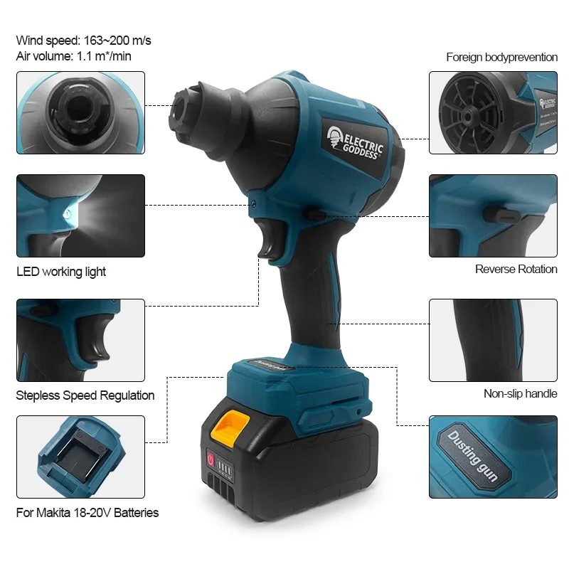 Бесщеточный электрический вентилятор 18 В, пылевой пистолет с насадкой, перезаряжаемый беспроводной многофункциональный пылесос с высокой мощностью ветра