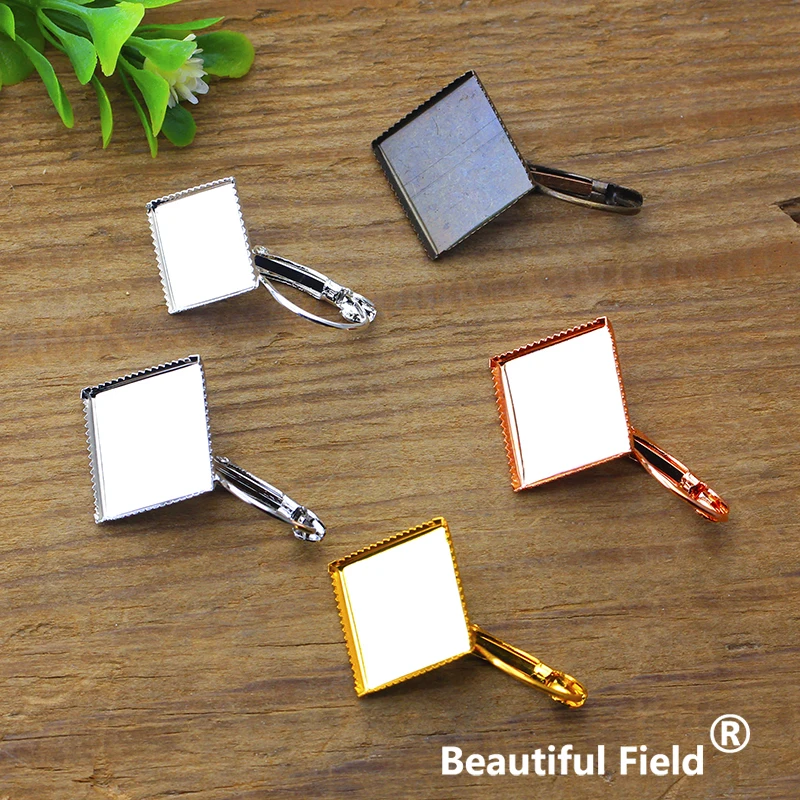 

Fit 12mm 15mm Square Jagged Cabochon Earring Settings Ear Hooks Bronze Silver Rose Gold Color Plated Cameo Base Blank Tray