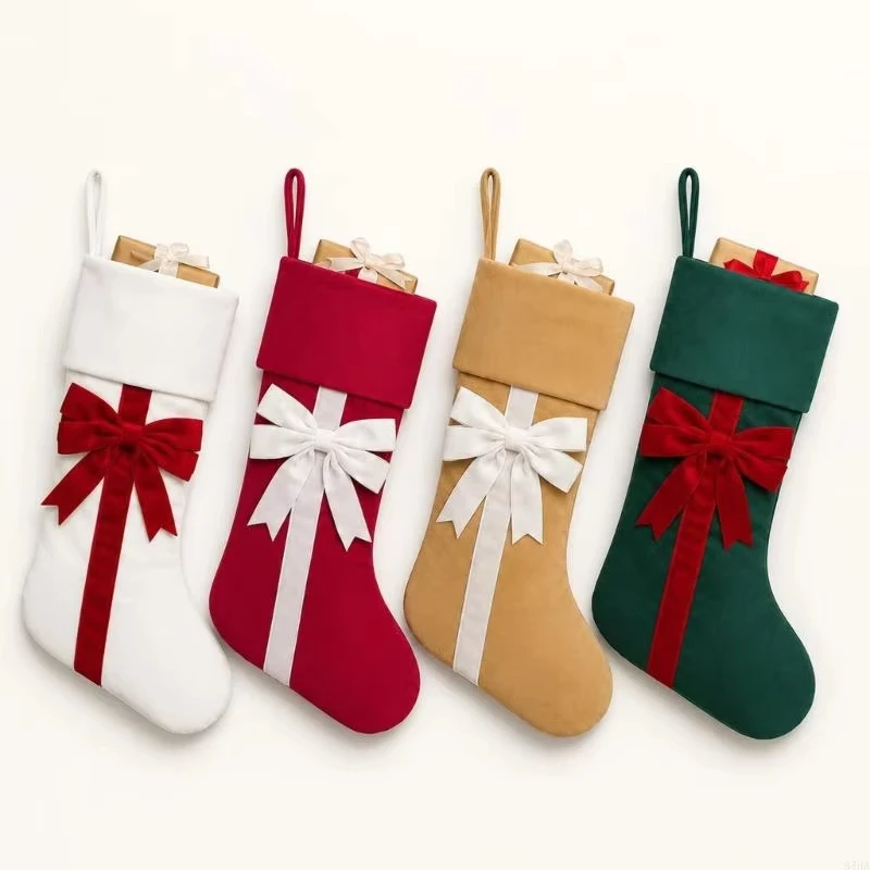 Tree Hanging Stocking Christmas Tree And Fireplace Decor Velvet Bow Hanging Stockings Festive Fabric Gift Storage Bags Display