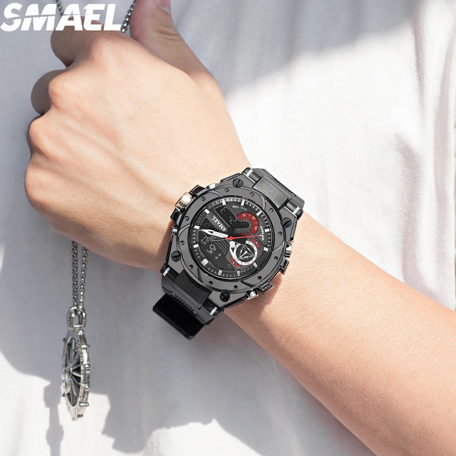 SMAEL Sport Quartz Watches LED DisplayShock Resistant 50M Waterproof Alarm Clock Analog Digitals 8060 For Men