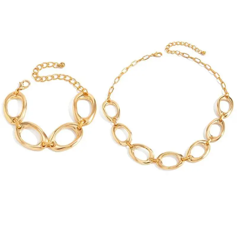 

Women's Minimalism Irregular Hollow Ellipse Trendy Punk Metal Necklace And Bracelets Set Grunge Style New Year Jewelry Accessory