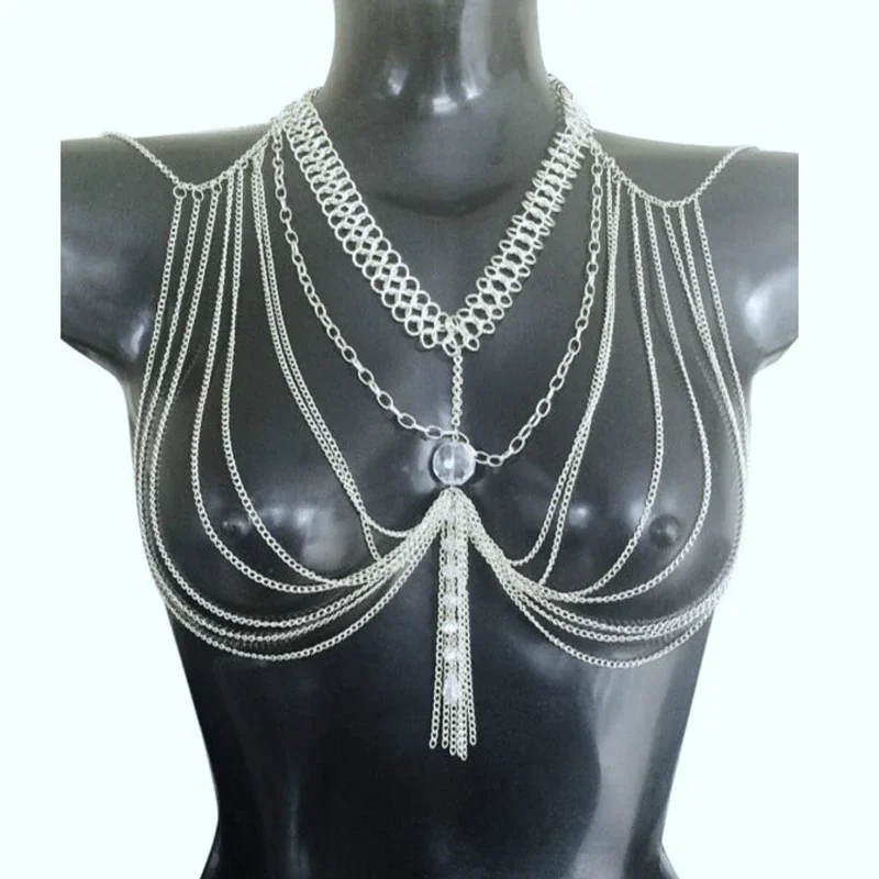 

Gold/ Halter Lingerie Sexy Showgirl Shoulder Necklace Exotic Bra Chains Harness Slave Full Body Chain Jewelry