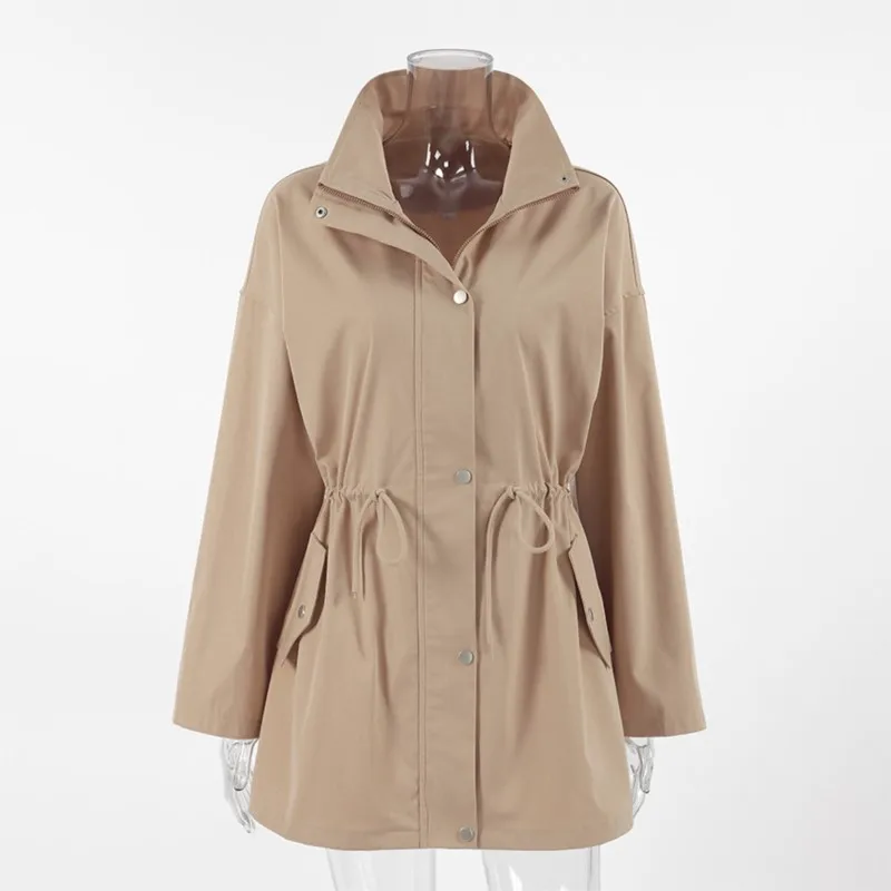 

Осенний плащ 2025 года, женская уличная одежда, модная стильная куртка средней длины, простая повседневная ветровка со свободной талией и завязками на шнурке