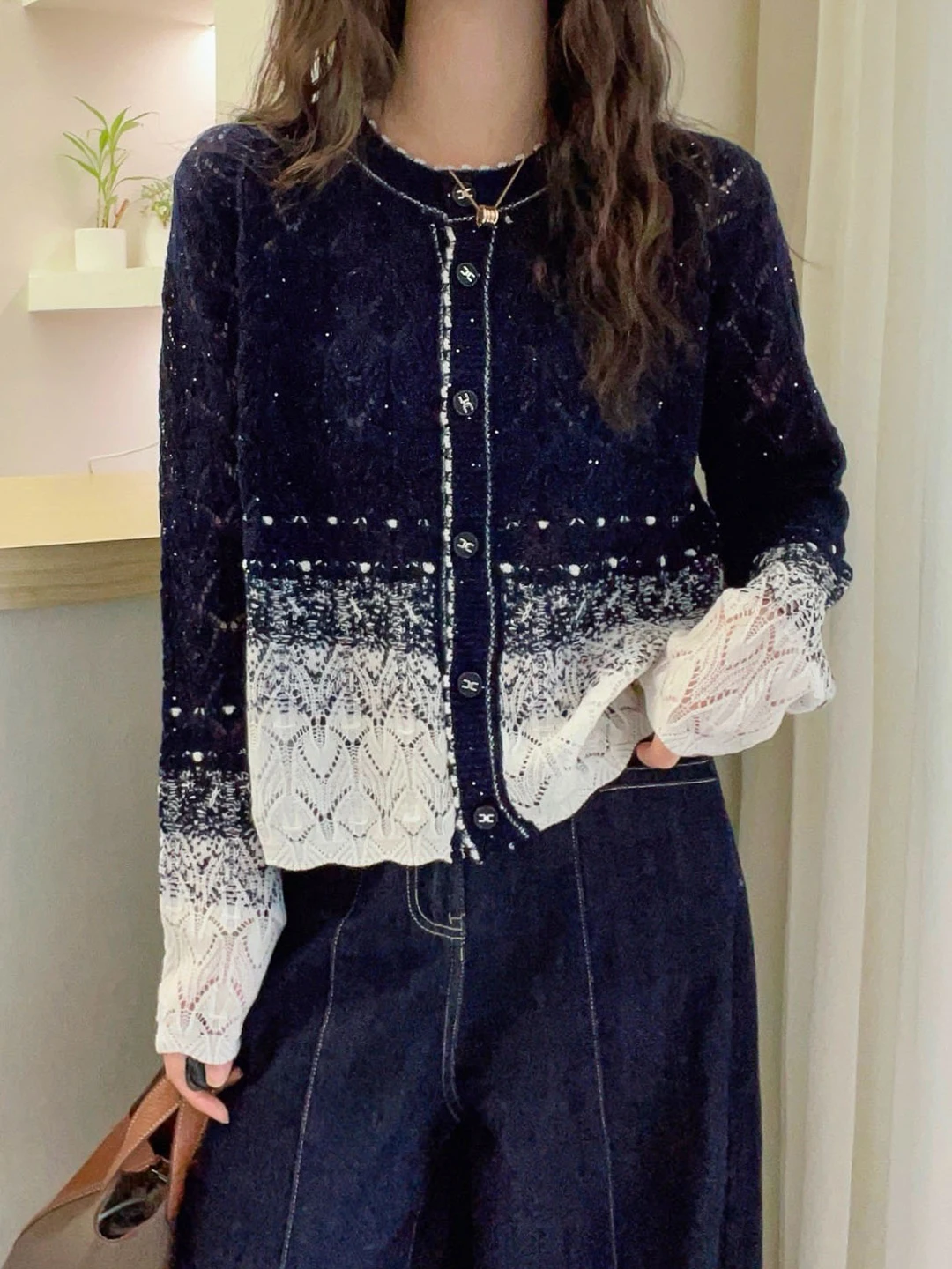 

aduated Color Knitted Open Cardigan Women's Loose Long Sve Outerwear Top Vintage Sle Contrast Color Ladies Sweater