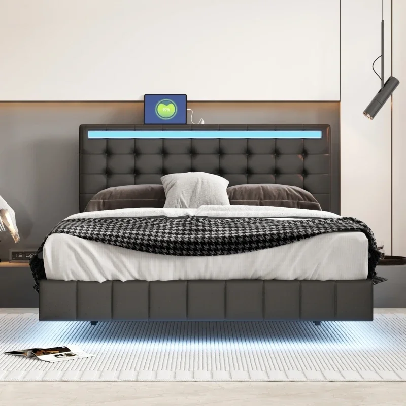 Black Queen Size Floating Bed Frame with LED Lights and USB Charging,Modern Upholstered Platform LED Bed Frame