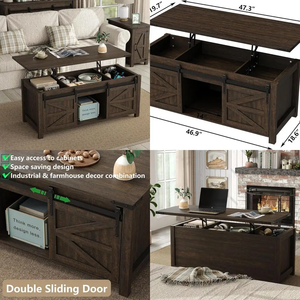 

Журнальный столик с подъемным верхом в деревенском стиле фермерского дома и раздвижными дверцами для хранения в гостиной, темно-коричневый