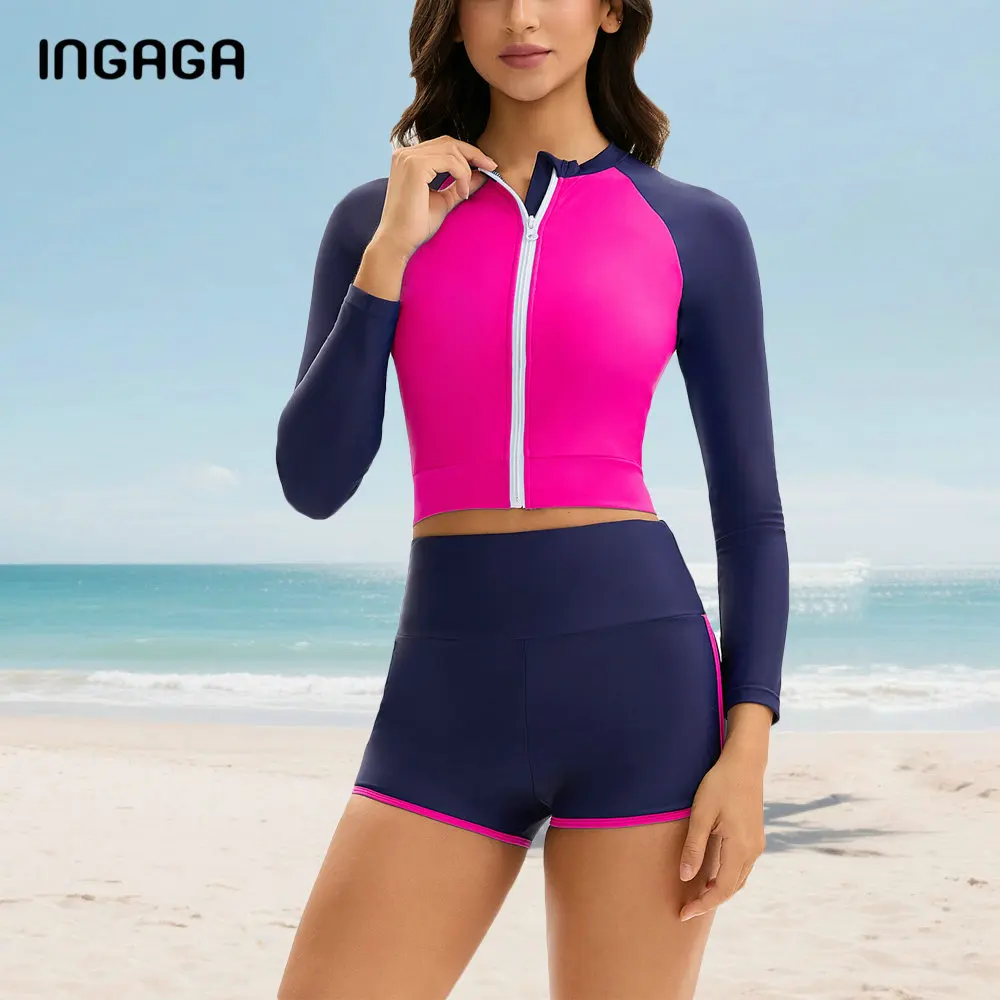 

Womens High Waist Swimsuit Long Sleeve Sun Protection Sport Zipper Wetsuit Two Piece Swimsuit Set Tummy Control