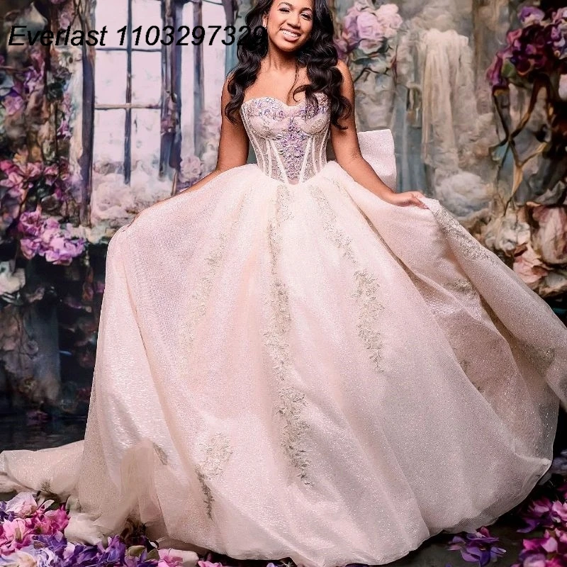 

Блестящее розовое платье EVLAST для Quinceanera, бальное платье, Кружевная аппликация, бусины, кристаллы, бант, Мексиканский корсет, милое платье 16, 15 лет TQD628