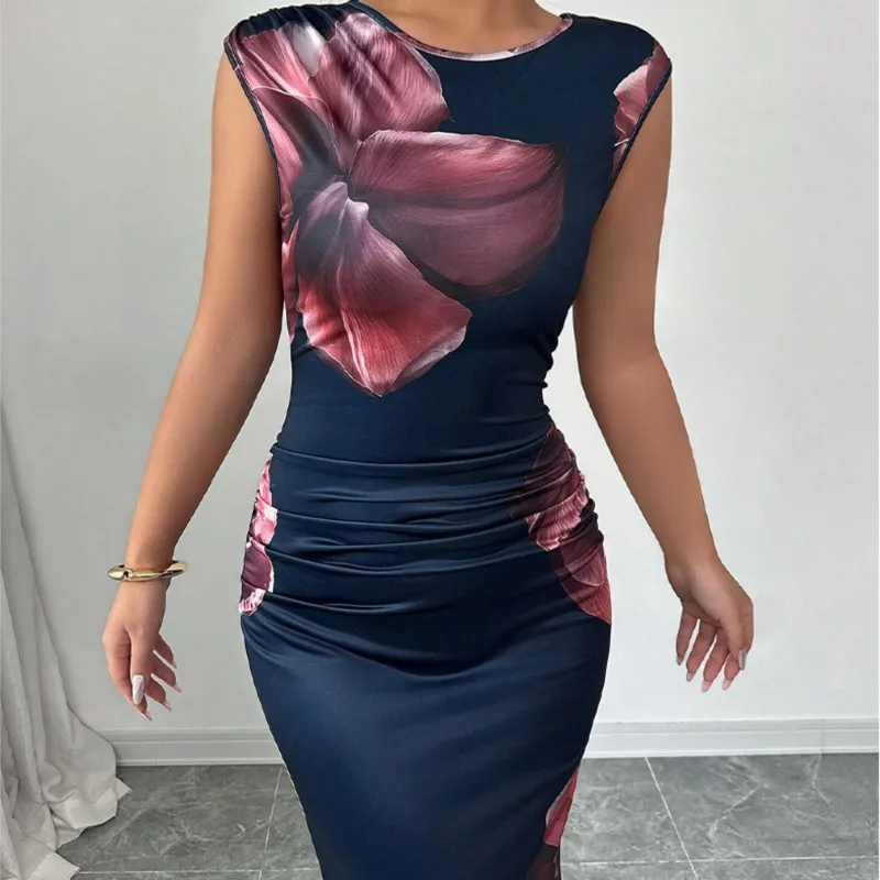 Summer Womens Dresses  Sexy  O-neck Bodycon Sleeveless Long Elegant Party Dresses Female Fashion Print Splicing Dresses Trend