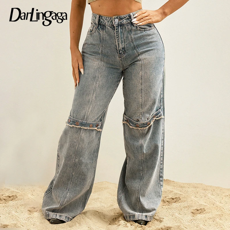 

Darlingaga Streetwear Straight Leg Women Jeans Trousers Buttons Burr Distressed Casual Y2K Denim Pants Washed Bottons Fairycore