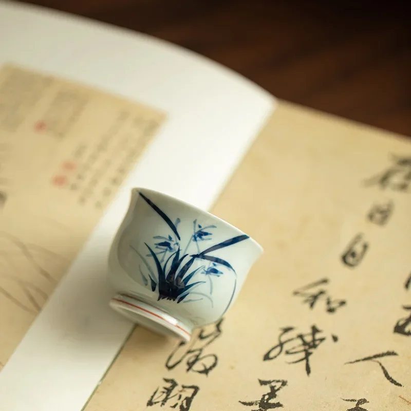 2Pc Jingdezhen Blue and White Hand-painted Underglaze Color Teacup Master Cup Guest Cup Orchid Tea Tasting Cup Kung Fu Teacup