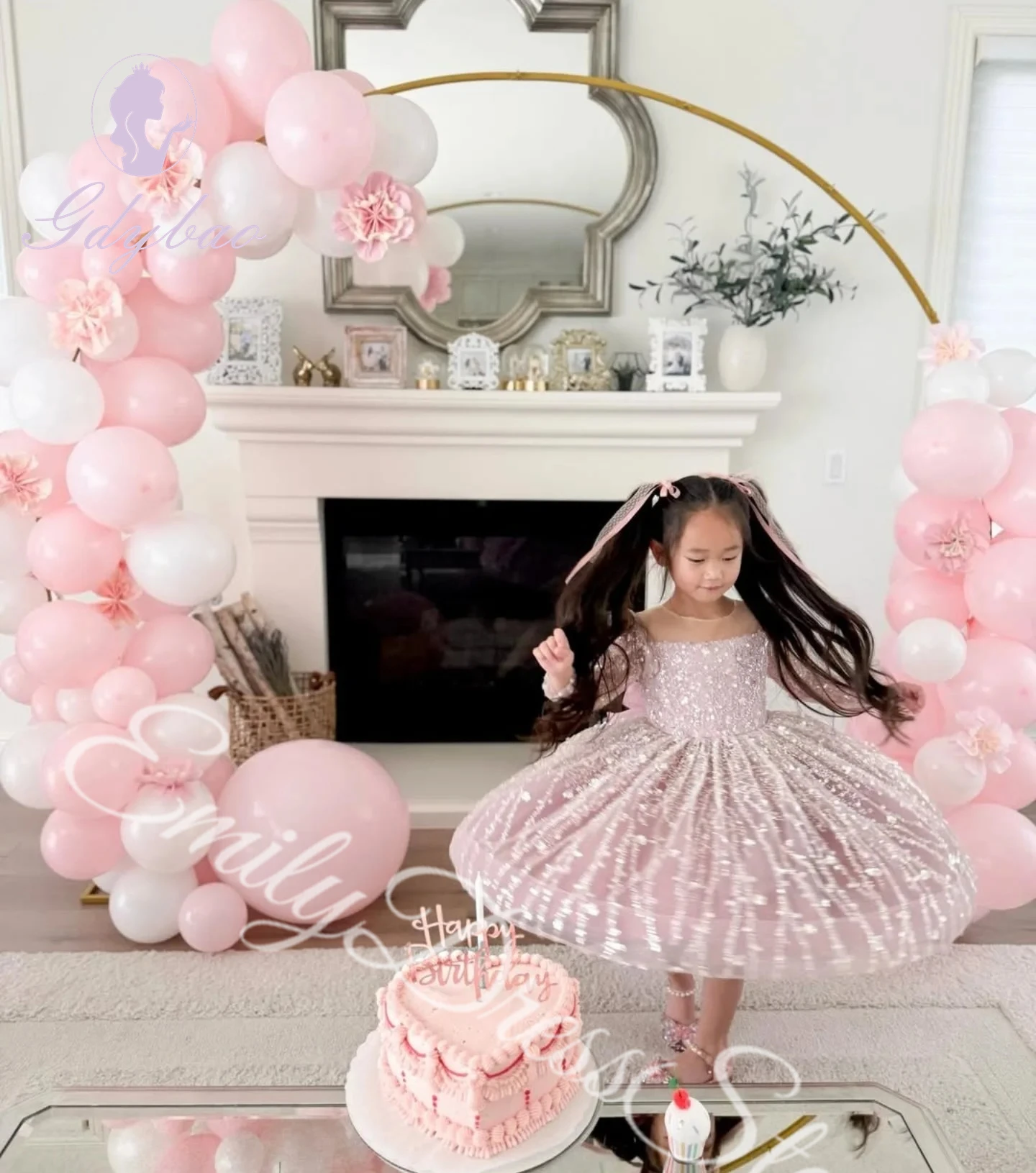 

Индивидуальное розовое платье для девочки с бисером и цветами, с длинными рукавами, блестящее, пышное, в стиле принцессы, для свадьбы, дня рождения, первого причастия, бальное платье