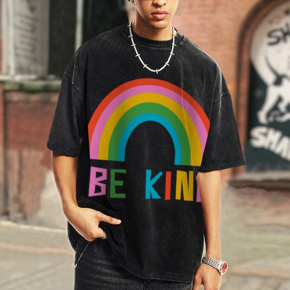 Color Rainbow Print T-Shirt Retro High Gram Weight Washed Denim Round Neck Neutral Wind Shoulder Down Trend New Short Sleeves