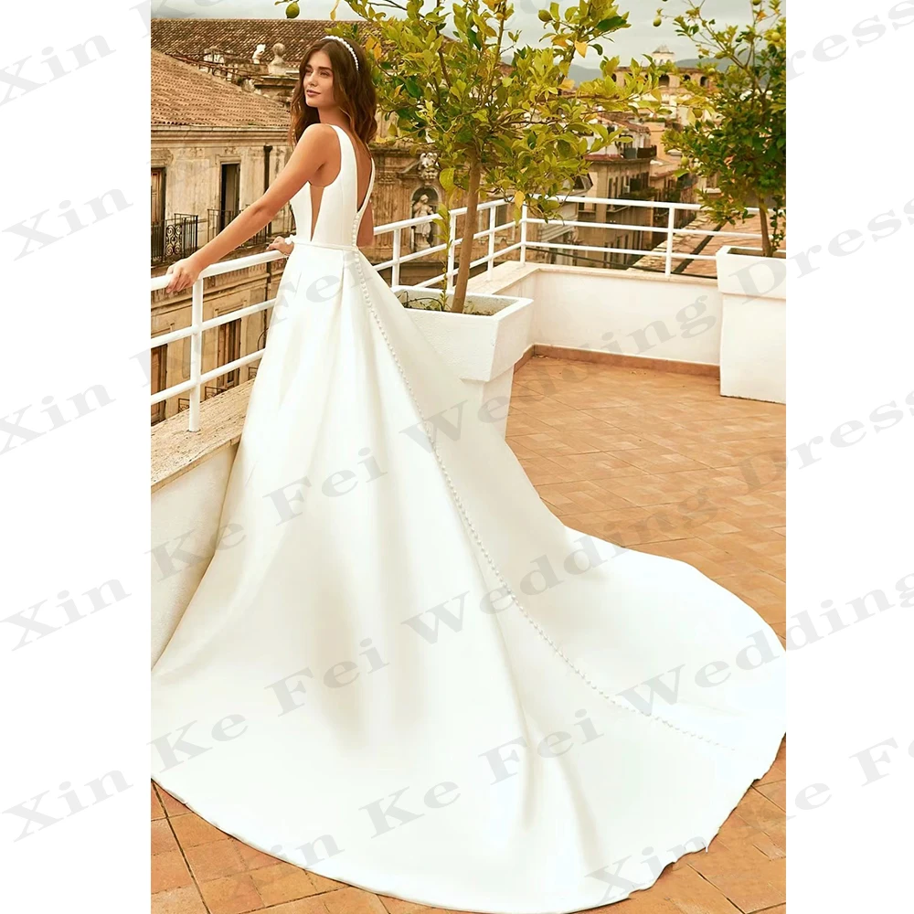 Eenvoudige En Elegante Dames Bruidsjurken Satijnen Sexy V-Hals Off Shoulder A-Line Prinses Trouwjurken Formele Feestbal Vestido