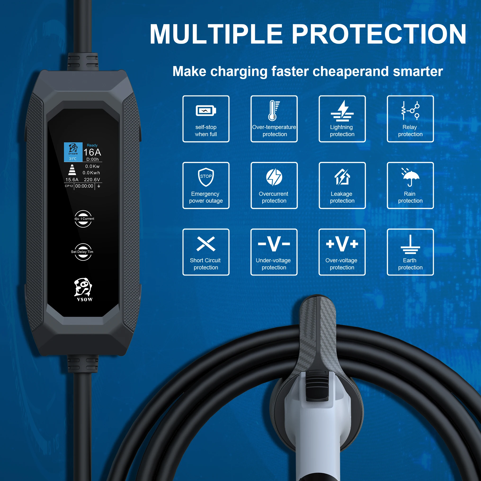 evsow شاحن سيارات كهربائية Type1 3.5KW 16A 1P J1772 شاحن سيارة كهربائية لشحن السيارة EVSE Wallbox ضبط الحالي ومجموعة وقت الشحن #3