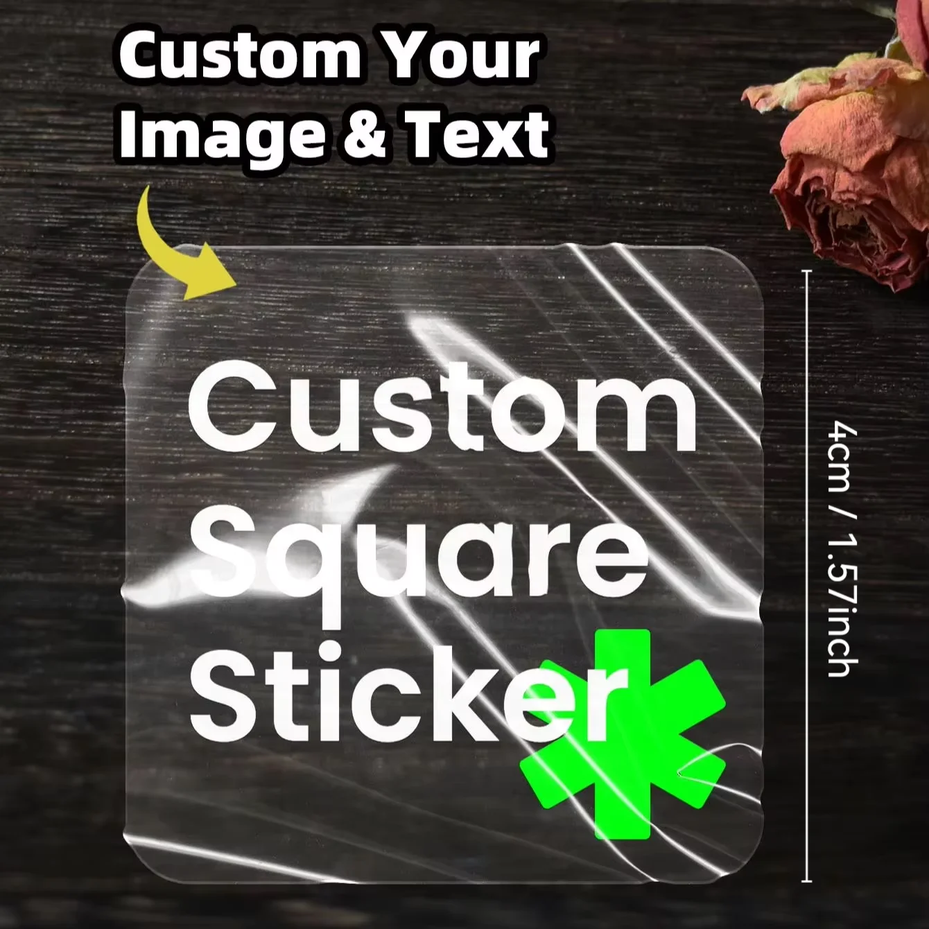Autocollants transparents carrés personnalisés de 4 cm avec texte, image, logo, étiquettes personnalisables