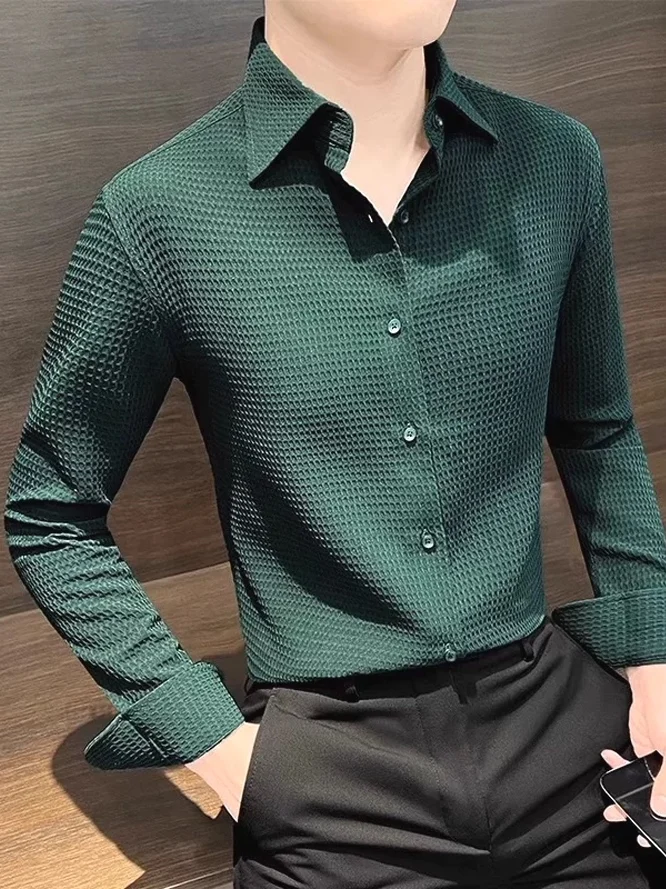 

Green Texture Men's Casual Long Sleeve Shirt American Retro Workwear Style Business Commuting Fashionable Color