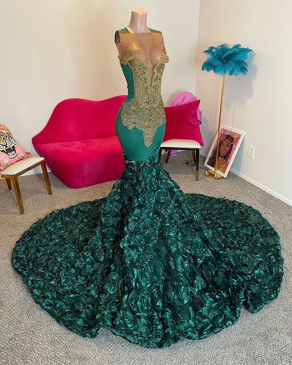 

Elegant Green Prom Dresses 2025 Rhinestone Beading Mermaid Party Gowns Custom Made Party Dress Vestidos De Gala Rose Train